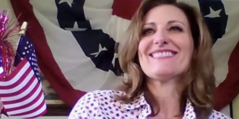 Downtown Arcadia video series showing a woman with long brown hair in front of a patriotic banner