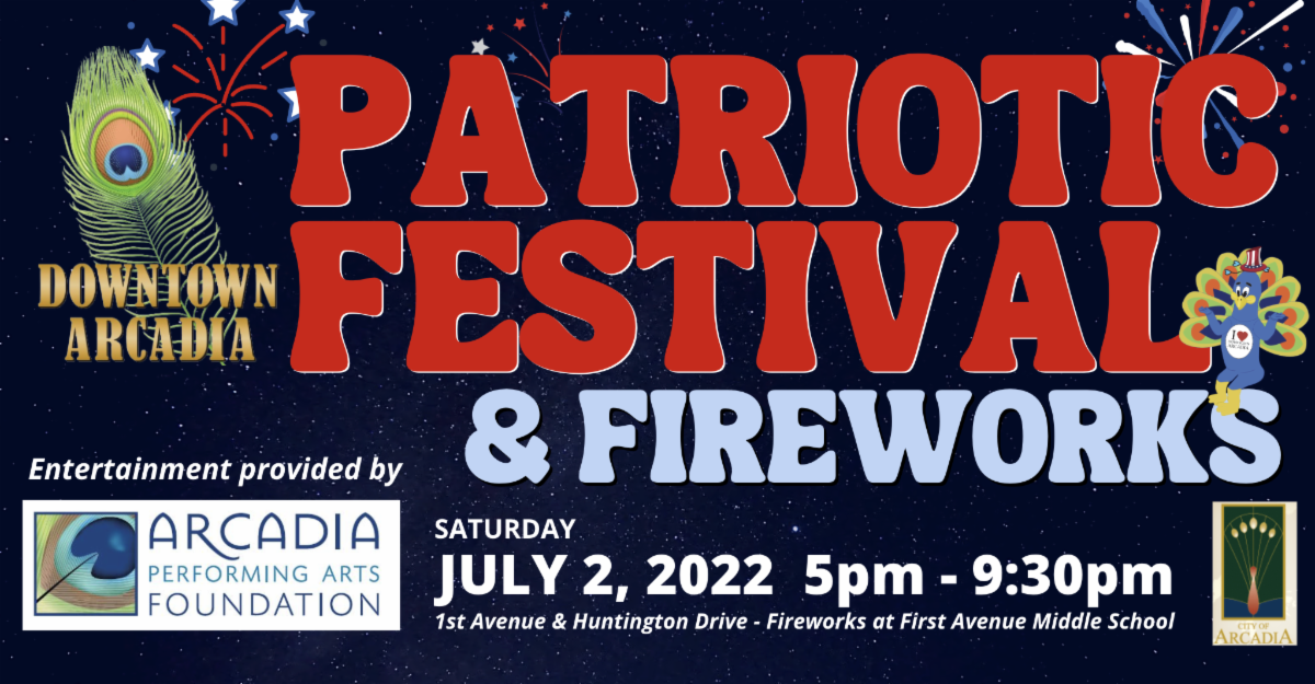 Patriotic Festival and Fireworks banner with with date and logo on it