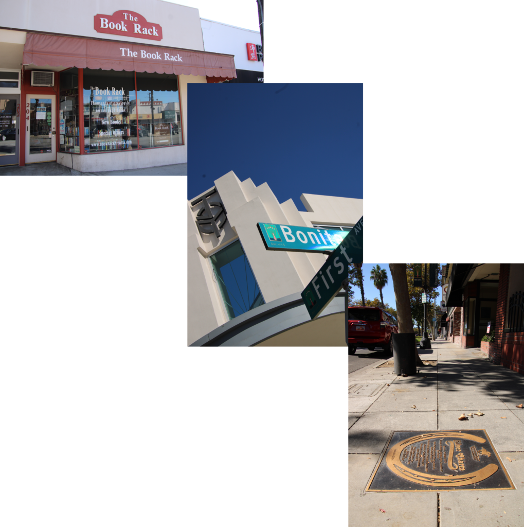 a three image collage of a storefront called Book Rack, a street sign, and a plaque in the sidewalk