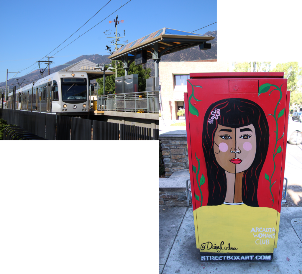 two pictures showing a train and a woman painted on an electrical box