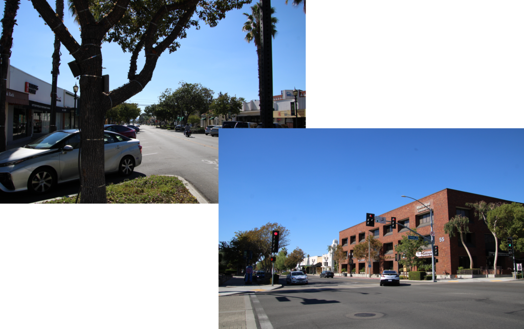a two photo collage of street views showing buildings