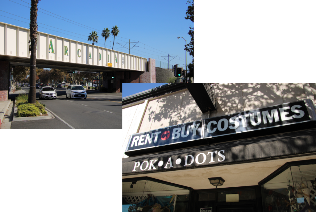 two photo collage showing a train bridge with the word Arcadia and the storefront of a costume shop