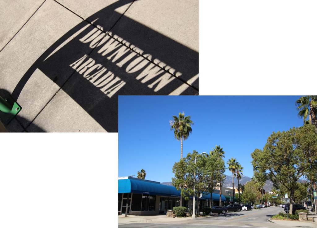 a two photo collage of the words Downtown Arcadia in shadow and a street view with palm trees