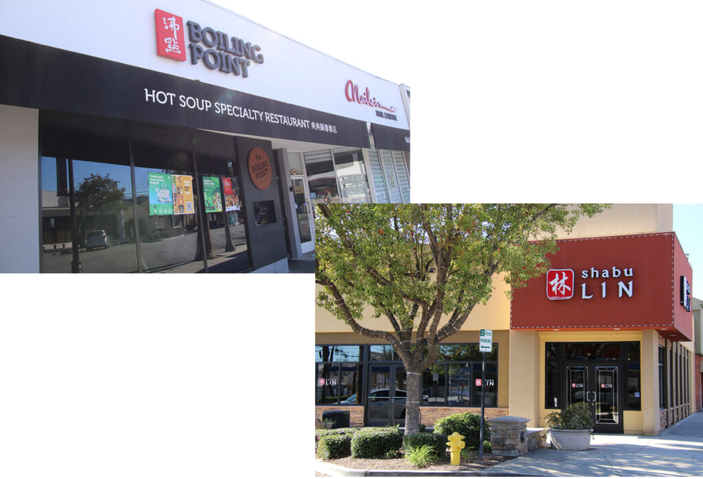 two images in collage of restaurants called Boiling Point and Shabi Lin