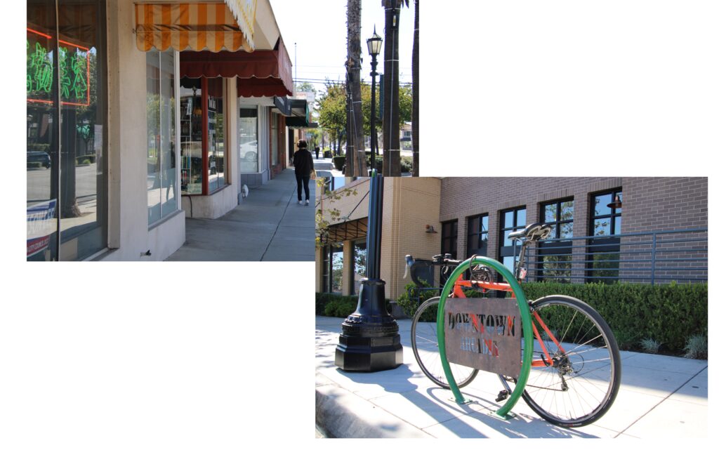 two images in a collage of a woman walking a dog and a bike chained to a bike rack