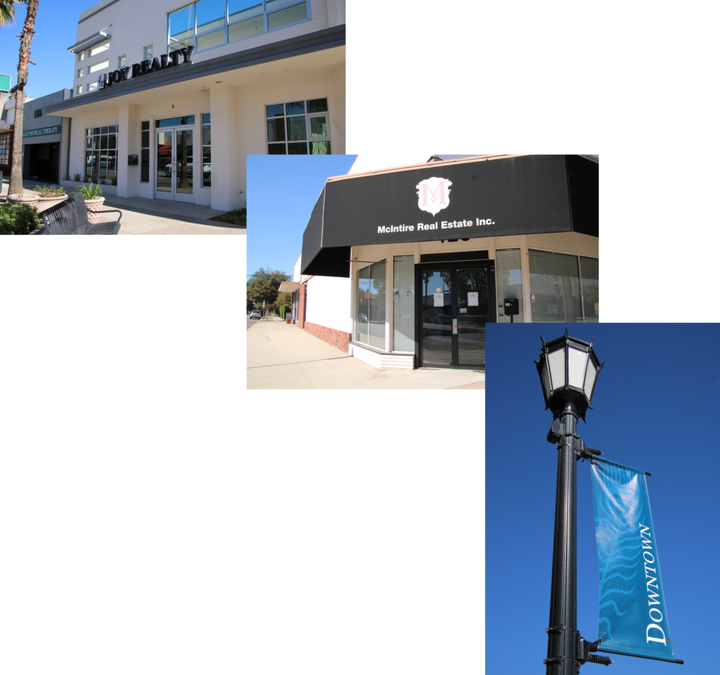 a three picture collage showing a store front called Joy Realty and McIntire Realty and a lamppost