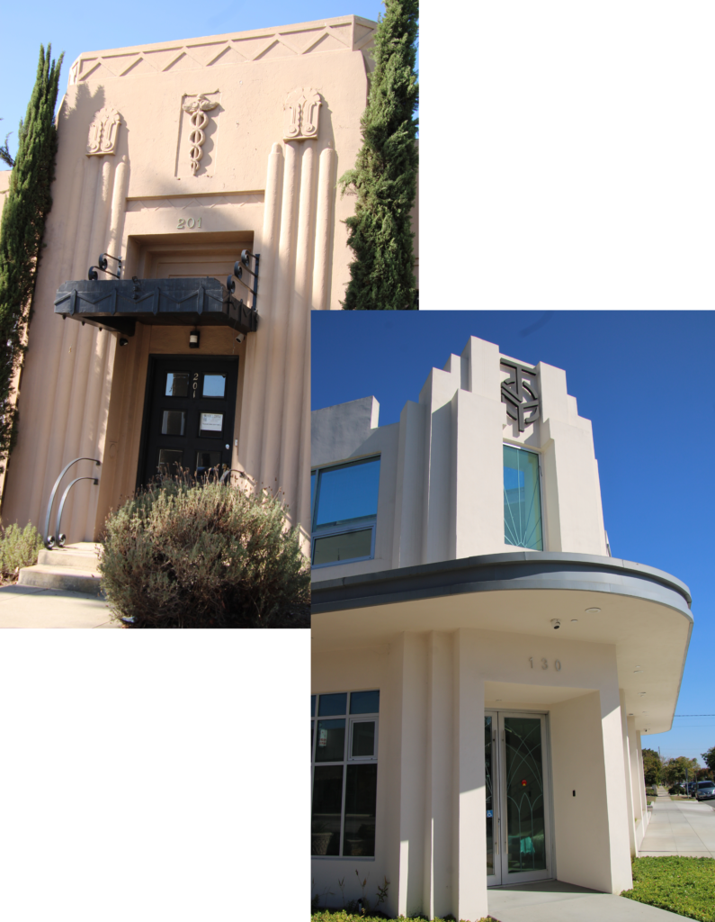 a two photo collage of building facades