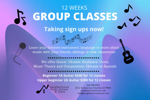 Flyer for Group Classes at the Neighborhood Music School and Store in Arcadia