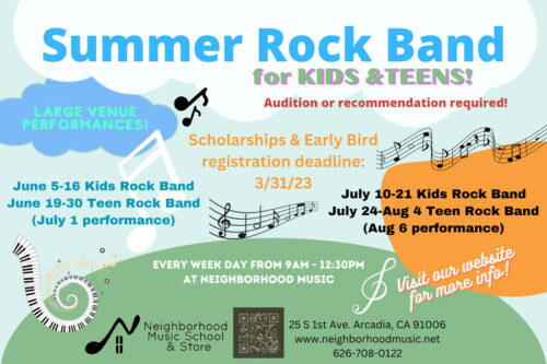 Flyer for Summer Rock Band at the Neighborhood Music School and Store in Arcadia