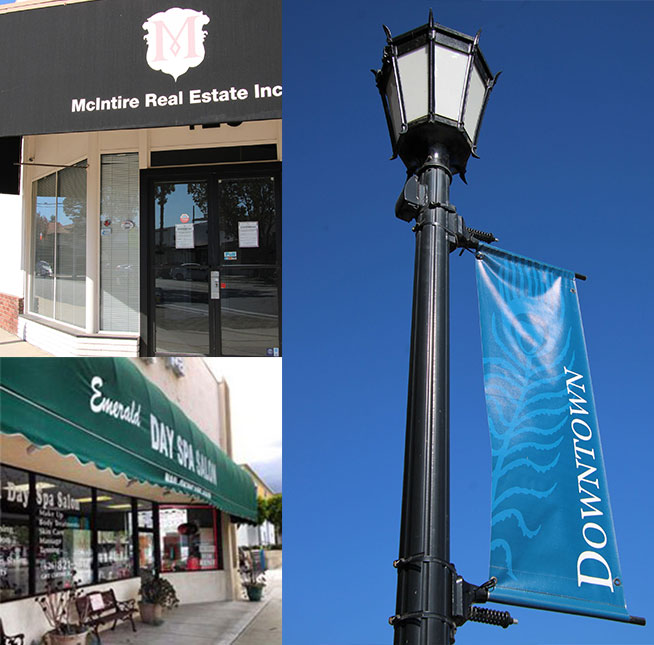 Collage of business and Downtown Arcadia light pole flag.