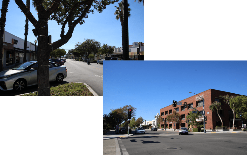 a two photo collage of street views showing buildings